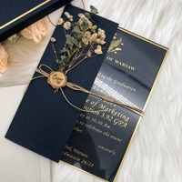 Kustom pernikahan foil emas undangan akrilik biru setengah dilipat amplop dengan segel lilin dan bunga untuk Hari Valentine