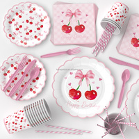 Décorations d'anniversaire cerise, assiettes et serviettes roses à nœud, fournitures de fête pour vaisselle de table sur le thème des fruits cerises