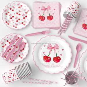 Décorations d'anniversaire cerise, assiettes et serviettes roses à nœud, fournitures de fête pour vaisselle de table sur le thème des fruits cerises - Product Image 5