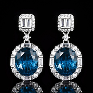 Vintage Jewelry Eco-friendly Copper Silver Plated Oval Cut 10*12mm Red Zircon Halo Dangle Drop <b>Earrings</b> for Women - Product Image 3