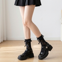 Chaussettes courtes blanches et noires en dentelle à volants et nœuds pour femmes, mignonnes, ajourées, respirantes, en nylon écologique, fines pour l'été, style Lolita