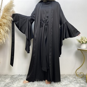 1925# Smooth Satin <b>Abaya</b> Set Elegant Two Pieces Sets Long Sleeve Inner Wrap Dress Plus Open <b>Abaya</b> Sets for Muslim Ladies - Product Image 3