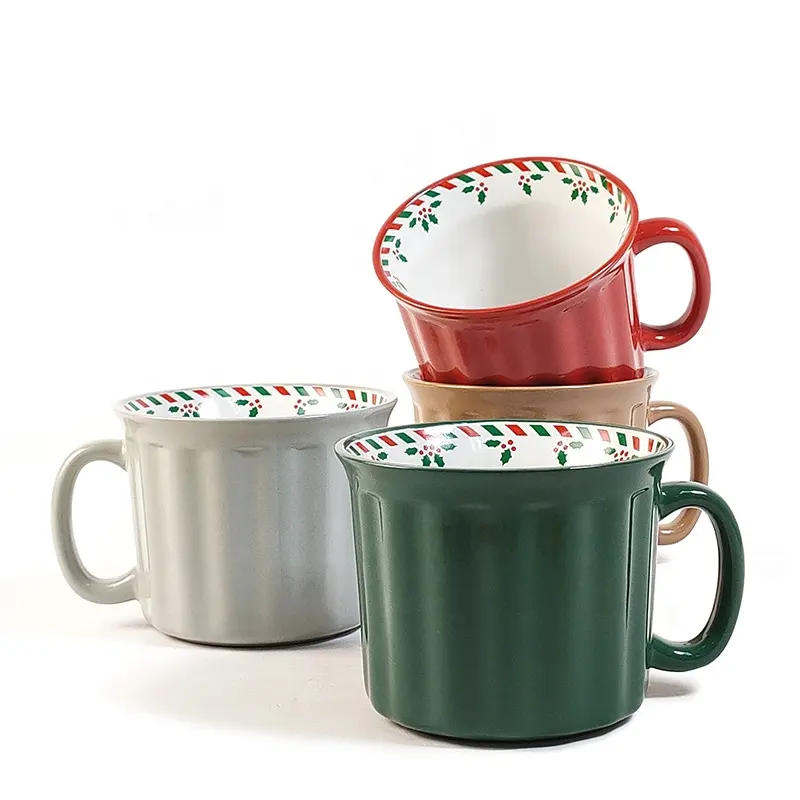 Raylon Amazon Hot Sale 16pcs Stoneware Ceramic Coffee Mugs Ceramic Embossed Christmas Mug Ceramic Cups