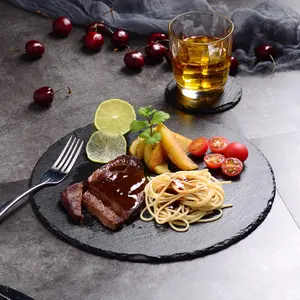 फास्ट फूड दौर पत्थर प्लेट स्लेट 30cm काले रात के खाने के Tableware पत्थर के पात्र व्यंजन परोसने के लिए खानपान बुफे रेस्तरां