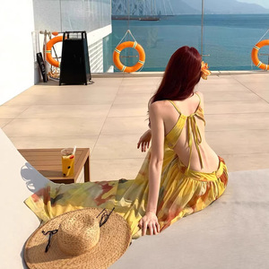 Robe de plage à thème insulaire, dos nu, style halter, tie-dye, en maille, longue, pour les voyages et les vacances - Product Image 2