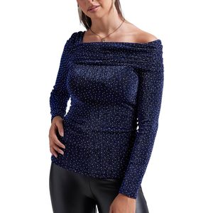Custom Womens <b>Sparkly</b> Off Shoulder Long Sleeve <b>Top</b> Y2K Shiny Ruched Fashion Party Shirt - Product Image 1
