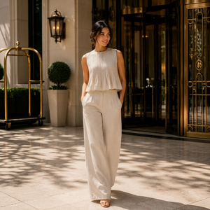 Summer Sleeveless Linen Top High Waist Pant <b>Set</b> Women Premium Breathable Fabric Elegant Two Piece Matching Bohemian Eco-Friendly - Product Image 1
