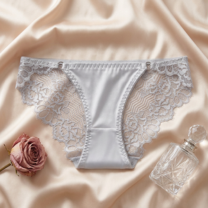 Culottes en satin gris pour femmes, taille basse, élégantes, en dentelle florale, sexy, sous-vêtements féminins respirants avec entrejambe en coton - Product Image 3