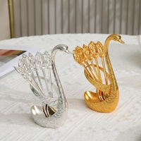Porte-couverts en forme de cygne doré avec ensemble de fourchettes à dessert - Organisateur de couverts en métal orné pour la décoration de gâteaux aux fruits et de table