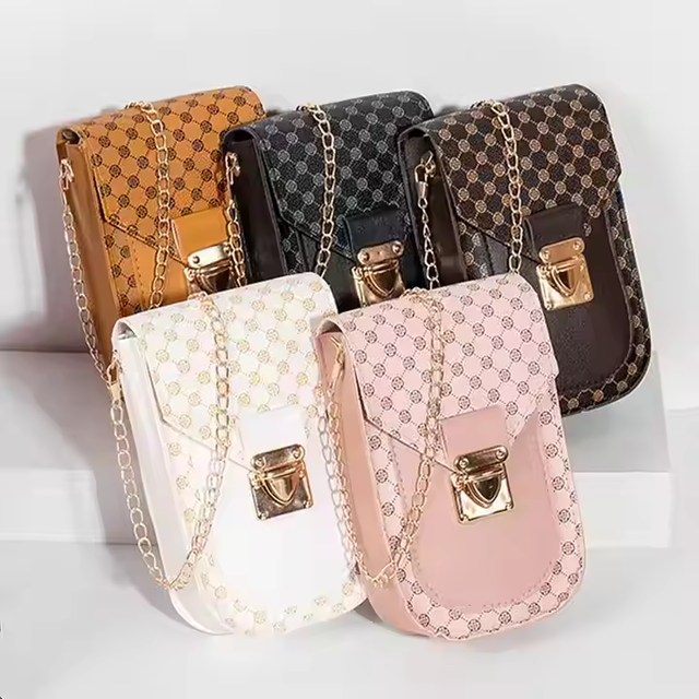 Women's Stylish Faux Leather Crossbody Bag Geometric Pattern Phone Wallet Bag with Flap Chain Luxury Design Compatible