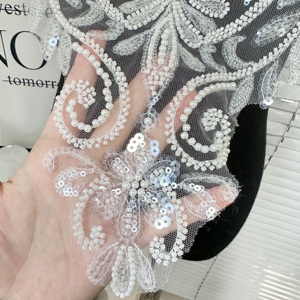 Bạc Vàng <span class=keywords><strong>Sequin</strong></span> Đính Cườm Ren Đường Viền Cổ Áo Đính 3D Thêu Ren Cổ Áo Vá Cho Abaya, Arabic Kaftan, Wedding Dress - Product Image 4