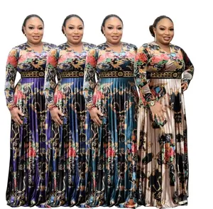 2022 Fashion African Women Print Casual Dress Free Size Polyester Pleated Long Dress Diamond Beads Luxury Skirt For Ladies