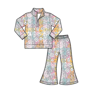Customize Baby Kids Girls Floral Print Sets Long Sleeve Half Zipper Top Flared Pants Spring Autumn 2pcs Outfits - Product Image 6