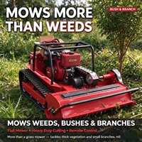 Tondeuse télécommandée robuste pour fermes, conception tout-terrain sur chenilles avec moteur diesel/essence pour l'herbe, les arbustes et les branches.