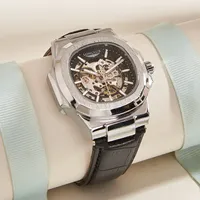 Montre mécanique automatique LONGLUX, montre de luxe simple pour l'extérieur, étanche, pas chère, vente en gros, squelette, cuir, montre homme, cadeau