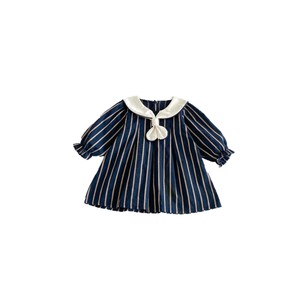 Abito Autunnale per <span class=keywords><strong>Bambina</strong></span> in Stile Scolastico Coreano a Righe con Colletto Peter Pan e Maniche a Sbuffo, Outfit Carino e Alla Moda per Bambini - Product Image 5