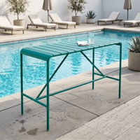 Table rectangulaire haute en alliage d'aluminium imperméable sur mesure pour mobilier d'extérieur, idéale pour les sièges de bar et les repas décontractés