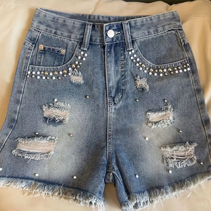 กางเกงยีนส์ขาสั้นทรงเอเอวกลางสำหรับผู้หญิงแฟชั่นใหม่ประจำฤดูใบไม้ผลิ/ฤดูร้อน ประดับด้วยลูกปัดอย่างสวยงาม สไตล์ลำลอง Y2K - Product Image 1