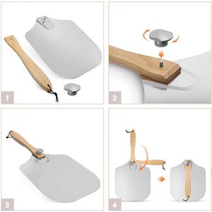 Pala de <span class=keywords><strong>Pizza</strong></span> desmontable para hornear en el hogar, cortador de paleta antiadherente de Metal de acero inoxidable con mango plegable - Product Image 2