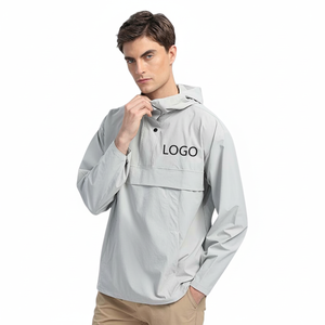 Haute qualité hommes demi-fermeture éclair tissé Plaid Polyester/coton respirant à la mode extérieur à capuche délavé plaine teint hiver - Product Image 1