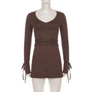Vestido europeo picante con cuello en V, puños fruncidos y lazo, corte en A, sexy, escotado, ajustado, favorecedor, de color liso, mini. - Product Image 6