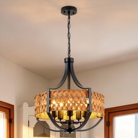 Lustre moderne style ferme avec abat-jour en rotin tressé, cadre en fer ajouré créatif, luminaire suspendu pour la maison