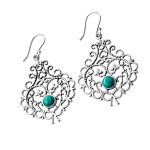 Turquoise Gemstone Bohemia Style Dangle & Drop Boucles d'oreilles Argent Plaqué Forme Ronde Femmes Argent Laiton Bijoux - Product Image 3