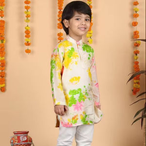 Conjunto de Kurta con Estampado Floral y Pijama Blanco para Niños, Ropa Étnica Tradicional Festiva, Atuendo Cómodo para Fiestas y Bodas - Product Image 1