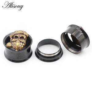 Alisouy 1PC Tunnel d'oreille en acier inoxydable, motif tête <span class=keywords><strong>de</strong></span> <span class=keywords><strong>mort</strong></span> fantôme et fleur, dilatateur, écarteur, calibre évasé, unisexe, cadeau pour le corps - Product Image 4