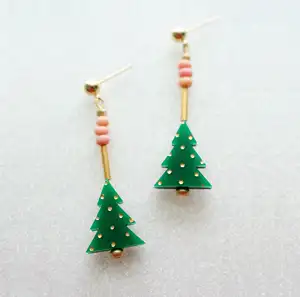 Acrylic Christmas Tree Earrings Holiday Statement Beaded Drop Earrings Stocking Stuffing