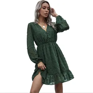 Amazon Ebay Shopify Bán Chạy Nhất Jacquard Voan Ruffle Ăn Mặc Cho Phụ Nữ Mát Mẻ Thời Trang Mùa Đông V-cổ Lady Dress Nano Nhăn Ăn Mặc