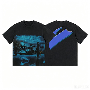 T-shirt court oversize noir vintage délavé et vieilli, imprimé au laser, style gothique, motif voiture de course F1, streetwear, pour dropshipping - Product Image 1