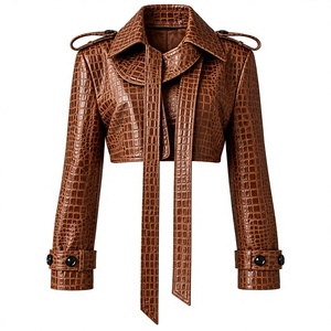 Chaqueta Corta de Mujer en Cuero PU Marrón con Estampado de Cocodrilo, Detalle de Lazo Largo, Manga Larga y Cuello Camisero - Product Image 4
