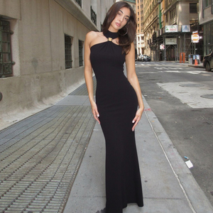 French Elegant Sexy Metal Buckle Halter Cut Shoulder Design Dress Elegant Slim Fit Slit Flattering Long Maxi Dress - Product Image 5