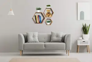 Hexagon Wall Decor Floating Shelves - 3-Pack Decorative Wall Shelf Set - Screws And Anchors Included - Pine Wood Geometric Shelv
