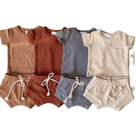 New Baby Boys Girls Summer Clothing Set Newborn Kids Baby Girls Ribbed Knitted Short Sleeve T-shirts+Shorts Tracksuits Sets