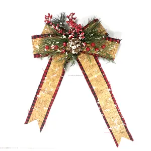 Golden Bowknot Basket Tree Decoration Christmas Party Holiday Large Bow Ornament Ribbon Bowknot With Pine Needle And Red Berry