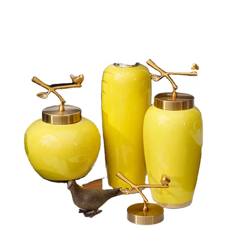 Декоративная керамическая ваза для цветов желтого и золотого цвета из трех предметов, домашний декор, фарфоровый художественный декор для помещений с металлической шляпой