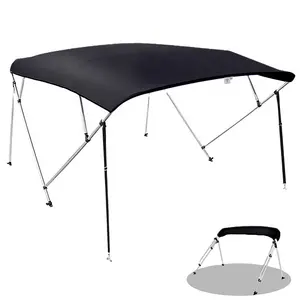 Black 4 Bow 600D Polyester Aluminum Boat Tent Top Cover with Rear Support Pole and Storage Boot Bimini Top for Boats