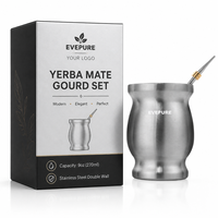 EVEPURE Ensemble de tasses à Yerba Maté en gourde naturelle, original et traditionnel, en acier inoxydable isolé sous vide, avec brosse de nettoyage