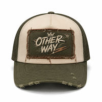 Gorra de béisbol de perfil medio de algodón y espuma, bicolor, con 5 paneles, parte trasera de malla premium, parche bordado, efecto desgastado y cierre snapback tipo trucker