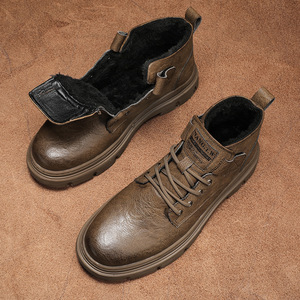 Bottes pour hommes en cuir véritable, hauteur cheville, bout rond, semelle extérieure en caoutchouc antidérapante, doublure en peluche, couleur unie, mode automne-hiver - Product Image 4