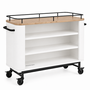 White Storage Cart <b>with</b> Natural Wood Top <b>Metal</b> Rail Shelves & Casters | Mobile Retail Display & Serving Cart - Product Image 2