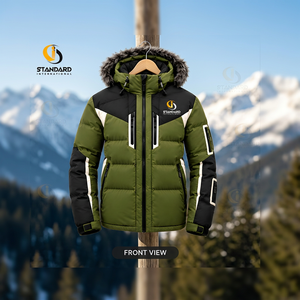 Veste de ski pour homme, vert olive, coupe-vent, matelassée, chaude, style streetwear, fermeture éclair, poches, capuche en fourrure - Product Image 3