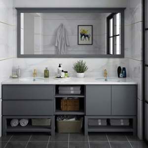 Ensemble de meuble-lavabo de salle de bain LED haut de gamme avec armoire de rangement, design imperméable, matériau mélamine en blanc/noir pour hôtels et appartements - Product Image 2