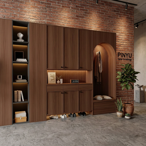 Nordic Two Tone Wood Wardrobe <strong>Closet</strong> Arch Fluted Panel <strong>Mudroom</strong> Entry Storage Bench Custom Hallway Furnishing - Product Image 5
