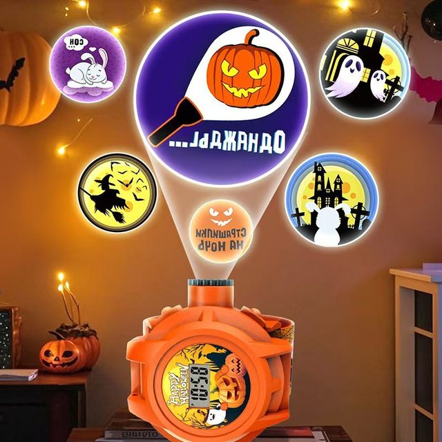 Halloween Electric Projector Watch Kids Cartoon Pumpkin Digital Wrist Watch with 24 Anime Images