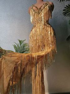 Sparkly Gold Tassel Sequins Cut Out Barboteuses Femmes One Piece Bodys Stage Performance Outfits Party Wide Leg Jumpsuit - Product Image 2