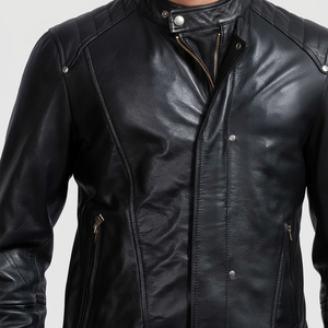 Collection lycée décontracté veste en cuir noir Style solide hiver col montant fermeture à glissière 100% toile fini avant - Product Image 1
