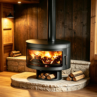 Poêle à bois cylindrique tout-en-un avec compartiment de stockage de bois inférieur et porte en verre incurvée
